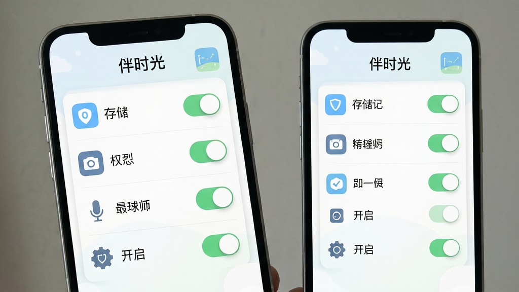 伴时光应用新手设置引导界面展示图,主体为手机屏幕显示权限开启引导页面,包含存储、相机、麦克风等权限开关按钮。布局采用列表式排版,权限图标与文字说明一一对应。风格为清爽引导风,色调以白色、浅蓝、淡绿为主。细节包括「伴时光」应用名称、权限图标、开启按钮。画质高清,干净整洁,无多余元素。