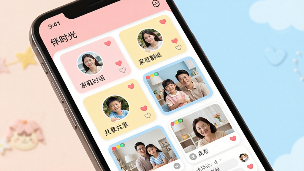 伴时光应用家庭共享功能展示图,主体为手机屏幕显示家庭群组界面,包含多个家庭成员头像、共享相册缩略图和互动评论。布局采用卡片式网格排版,头像与相册卡片错落有致。风格为温馨家庭风,色调以浅粉、淡黄、天蓝为主。细节包括「伴时光」应用名称、家庭群组名称、点赞爱心图标。画质高清,干净温馨,无多余元素。