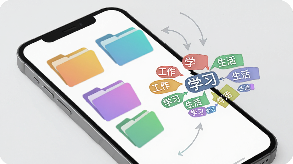目标清单Todo分类标签功能示意图,画面展示一部手机屏幕内呈现多个彩色分类文件夹和标签云,标签包括