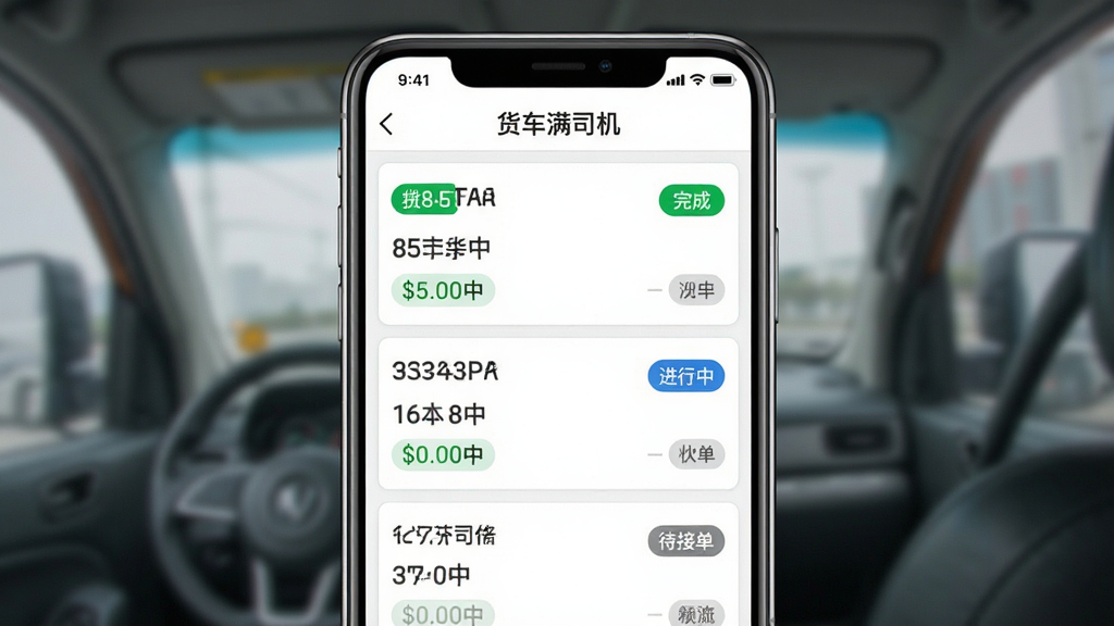 货车满司机APP订单管理页面截图,画面为手机屏幕显示订单列表与状态标签,屏幕上方有“货车满司机”字样,布局为居中展示,风格为清爽商务风,细节包括绿色完成标签、蓝色进行中标签、灰色待接单标签,画质清晰,干净,无多余元素
