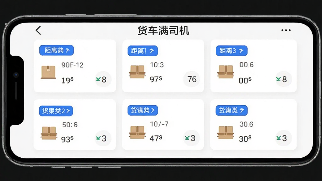 货车满司机APP首页货源列表界面展示图,画面以手机屏幕为主体,屏幕中显示“货车满司机”字样与多条货源卡片,布局为居中特写,风格为扁平化UI设计,细节包括蓝色标签、距离显示、货物类型图标,画质高清,干净,无多余元素