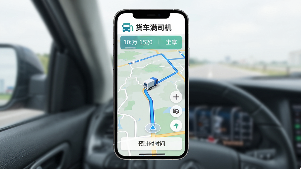 货车满司机APP导航路线规划界面图,画面主体为手机屏幕显示地图导航页面,屏幕上方有“货车满司机”标识,布局为竖向手机展示,风格为现代简约科技风,细节包括蓝色路线、货车图标、预计时间,画质清晰,干净,无多余元素
