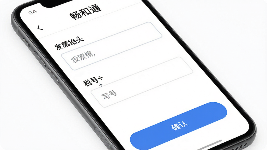 一款名为畅和通的手机应用电子发票功能界面图,主体为手机屏幕显示电子发票设置页面,布局为上方发票抬头输入框加下方税号填写区域和确认按钮,排版规整,风格为简洁商务的移动端UI设计,细节上输入框有淡灰色边框,按钮为蓝色圆角矩形,背景为白色,画质高清,干净无多余元素