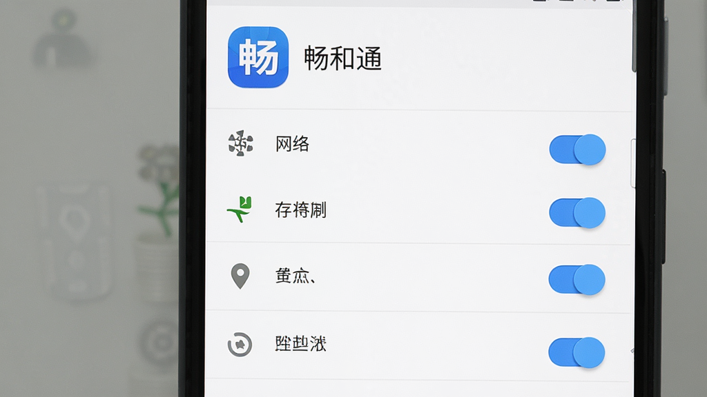 一款名为畅和通的手机应用安装设置界面图,主体为手机屏幕显示应用权限管理页面,布局为上方应用图标与名称加下方权限列表开关按钮,排版清晰,风格为安卓系统设置界面风格,细节上权限项包含网络、存储、位置等图标,开关为蓝色高亮状态,背景为白色,画质高清,干净无多余元素