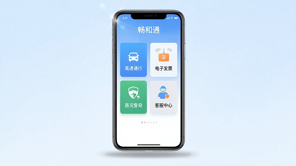 一款名为畅和通的手机应用主界面展示图,主体为一部竖屏智能手机,屏幕中显示畅和通APP首页界面,包含高速通行、电子发票、路况查询、客服中心四个功能卡片整齐排列,背景为淡蓝色渐变,布局居中对称,排版清晰简洁,风格为现代扁平化UI设计,细节上屏幕边缘有轻微高光反射,手机下方有淡灰色投影,画质为高清2K,干净无多余元素