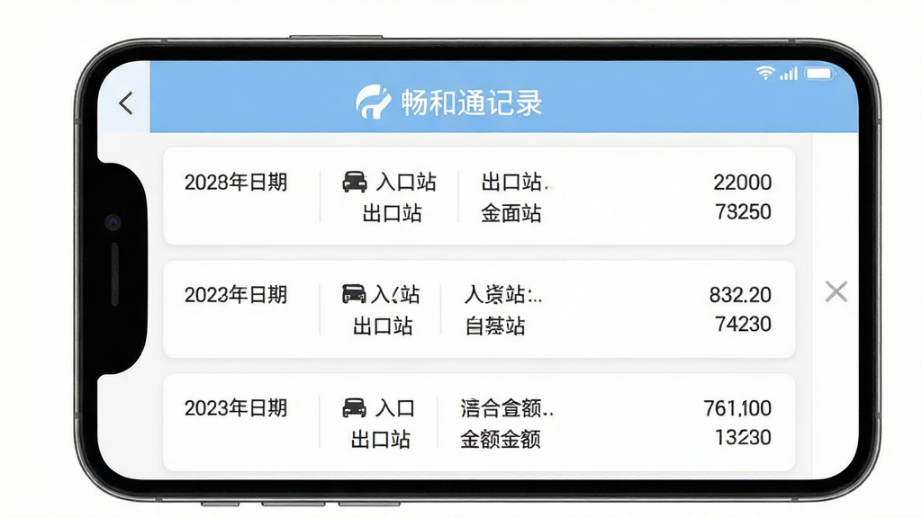 一款名为畅和通的手机应用界面截图,主体为手机屏幕显示高速通行记录列表,布局为顶部标题栏加下方多条通行记录卡片纵向排列,排版整齐,风格为清爽简约的移动端UI设计,细节上每条记录包含日期、入口站、出口站、金额等信息,背景为纯白底色搭配淡蓝色标题栏,画质高清,干净无多余元素