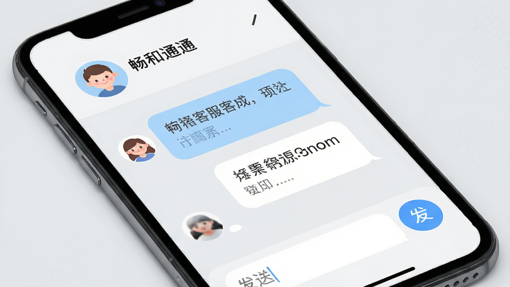 一款名为畅和通的手机应用客服中心界面图,主体为手机屏幕显示在线客服聊天窗口,布局为上方客服头像与名称加中间对话气泡加下方输入框,排版简洁,风格为友好亲和的移动端UI设计,细节上对话气泡有淡蓝色和白色区分,输入框有发送按钮,背景为浅灰色,画质高清,干净无多余元素