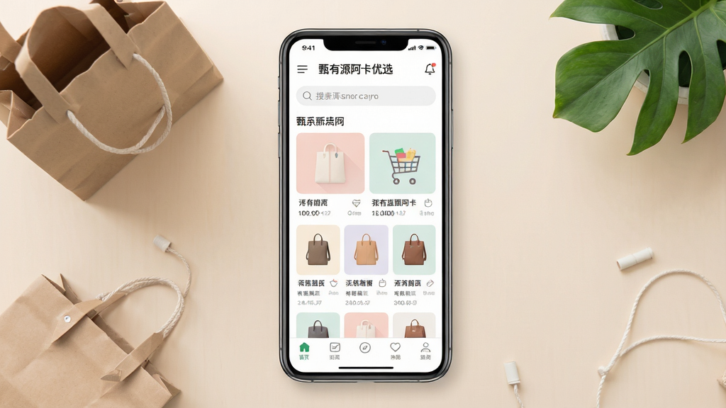 主体为一部智能手机,屏幕显示“甄有源阿卡优选”应用首页界面,布局为上方搜索栏、中部商品卡片网格、底部导航菜单;排版居中,手机置于浅色桌面,周围点缀简约购物袋与绿叶元素;风格为现代扁平化UI展示风;细节上屏幕内文字清晰可辨,商品图色彩柔和,图标精致;画质高清,画面干净,无多余元素。