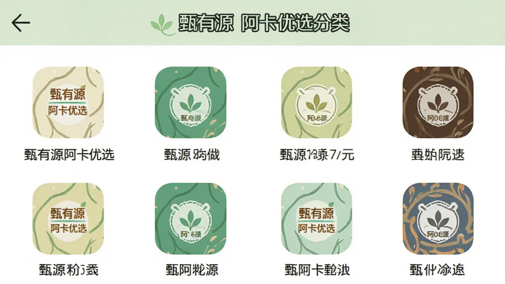 主体为“甄有源阿卡优选”应用内商品分类页面,布局为顶部标题栏与下方两列分类图标;排版整齐,图标配文字说明;风格为清新浅色系移动端界面;细节上每个图标风格统一,文字使用“甄有源阿卡优选”作为页面标题;画质清晰,干净无杂乱元素。