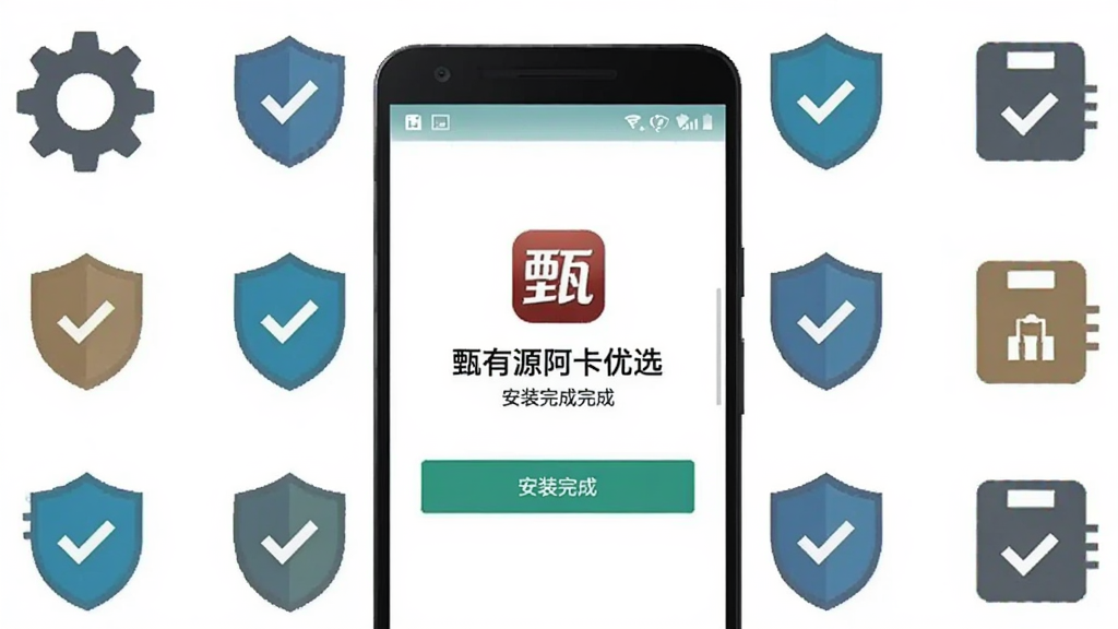 主体为一部安卓手机屏幕显示“甄有源阿卡优选”安装完成界面,布局为手机居中,周围环绕齿轮、盾牌与存储图标;排版简洁,图标有序分布;风格为扁平化科技风;细节上屏幕内显示“安装完成”按钮,图标带对勾;画质清晰,画面干净,无多余元素。