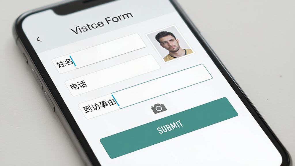 智能手机屏幕显示访客登记表单,表单包含姓名、电话、到访事由等输入框,旁边有一张证件拍照缩略图,主体为手机界面,布局为表单上下结构排版,风格为现代商务扁平风,细节包括输入光标、拍照图标、提交按钮,画质清晰干净,无多余元素