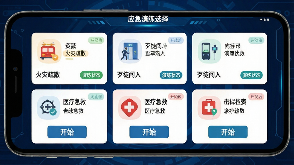 手机屏幕展示应急演练选择界面,屏幕上列出火灾疏散、歹徒闯入、医疗急救等预案卡片,背景为深蓝色科技感底色,主体为预案选择列表,布局为网格状卡片排列,风格为科技感扁平插画,细节包括预案图标、演练状态标签、开始按钮,画质清晰干净,无多余元素