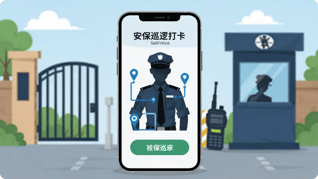 画面中央一部智能手机竖屏展示,屏幕内呈现安保巡逻打卡界面,背景是小区大门和保安岗亭,主体为手机与安保人员剪影,布局采用居中对称排版,风格为扁平化科技插画,细节包括打卡按钮、巡逻路线图标、对讲机元素,画质清晰干净,无多余元素