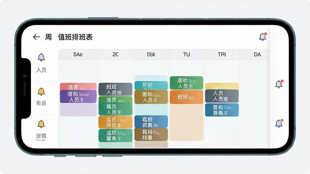 手机屏幕显示一周值班排班表,表格中不同班次用不同颜色标注,主体为排班日历界面,布局为横向周视图排版,风格为清爽浅色UI设计,细节包括日期栏、班次色块、人员姓名、通知铃铛图标,画质高清干净,无多余元素