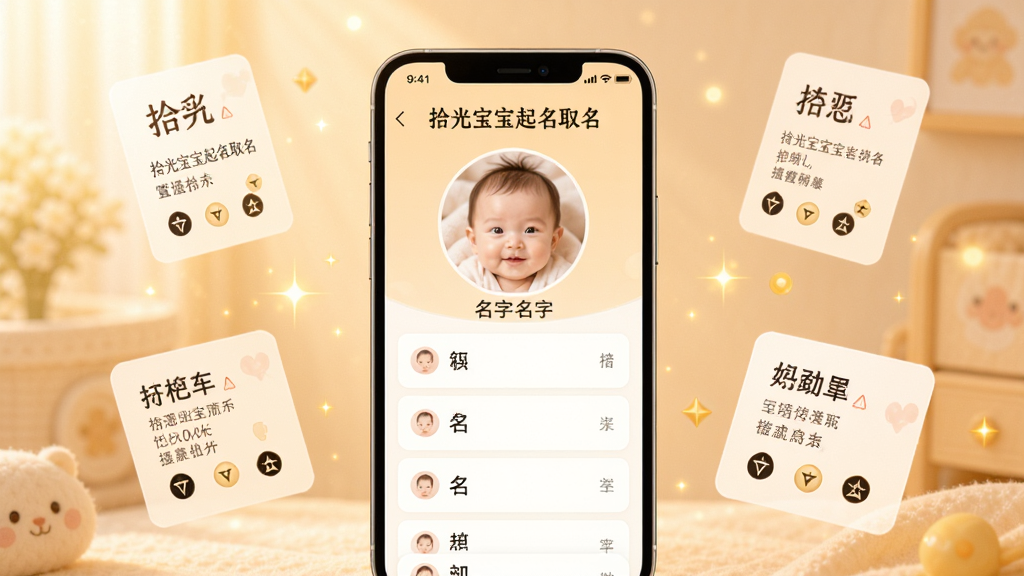 画面中央展示一部智能手机,手机屏幕上显示“拾光宝宝起名取名”软件界面,界面中有宝宝头像和名字列表,背景是柔和的暖色调,周围漂浮着汉字卡片和金色光点,布局简洁大方,风格温馨治愈,细节包括名字卡片上的字义注解和五行图标,画质高清,干净,无多余元素
