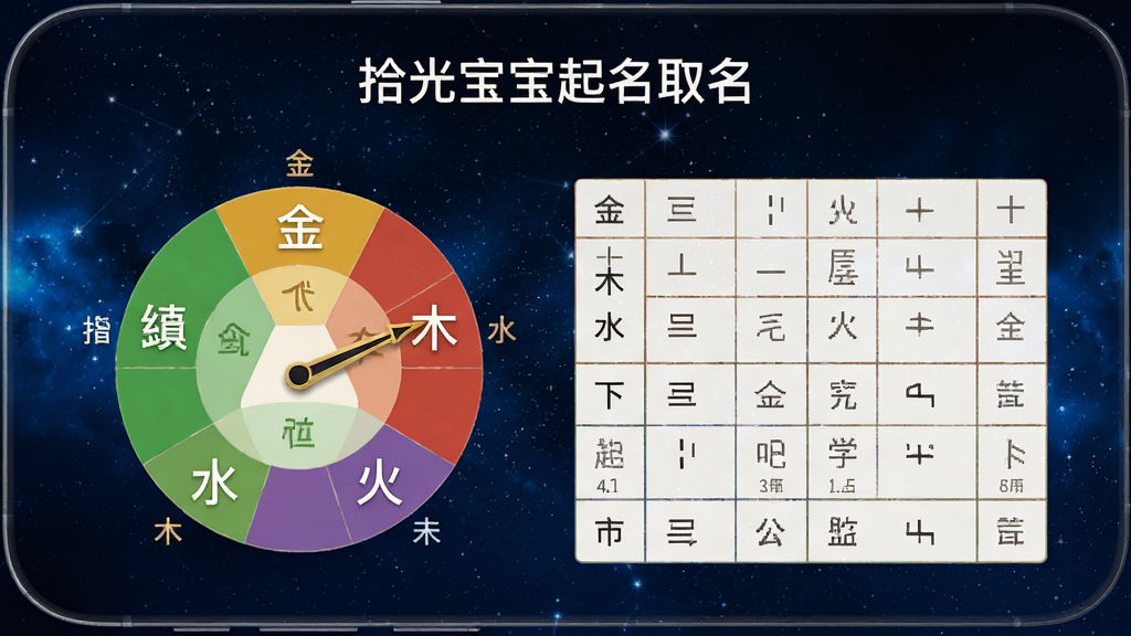 手机屏幕展示“拾光宝宝起名取名”的八字五行分析页面,页面中有五行圆盘图和八字排盘表,圆盘上标注金木水火土,背景是深蓝色星空,布局规整,风格专业稳重,细节包括圆盘上的指针和文字标注,画质高清,干净,无多余元素