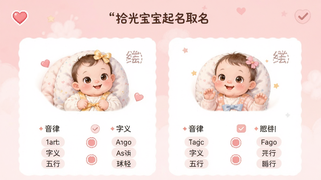 手机界面显示“拾光宝宝起名取名”的收藏对比页面,页面中有两个名字并排展示,下方有对比项如音律、字义、五行等,背景是柔和的粉色,布局对称,风格可爱温馨,细节包括心形收藏图标和对比勾选标记,画质高清,干净,无多余元素
