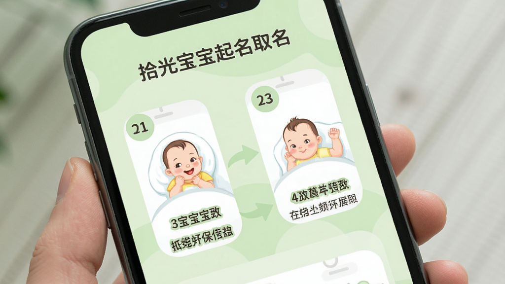 手机屏幕展示“拾光宝宝起名取名”的使用指南页面,页面中有分步操作图示和文字说明,背景是浅绿色,布局清晰,风格友好,细节包括步骤编号和箭头指引,画质高清,干净,无多余元素