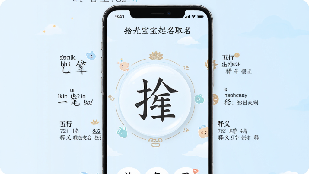 手机屏幕展示“拾光宝宝起名取名”的字库查询页面,页面中有一个汉字放大显示,周围环绕着拼音、笔画、五行和释义信息,背景是浅蓝色渐变,布局居中,风格清新雅致,细节包括汉字周围的装饰线条和小图标,画质高清,干净,无多余元素