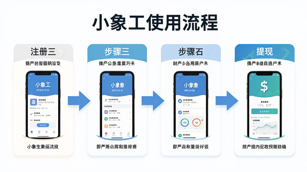 主体为小象工APP操作流程图解,布局为横向时间轴展示从注册到提现的六个步骤,排版采用箭头串联的流程样式,风格为扁平化信息图风,细节包含每个步骤配有手机界面小图和文字说明、顶部标题“小象工使用流程”,画质高清,干净,无多余元素