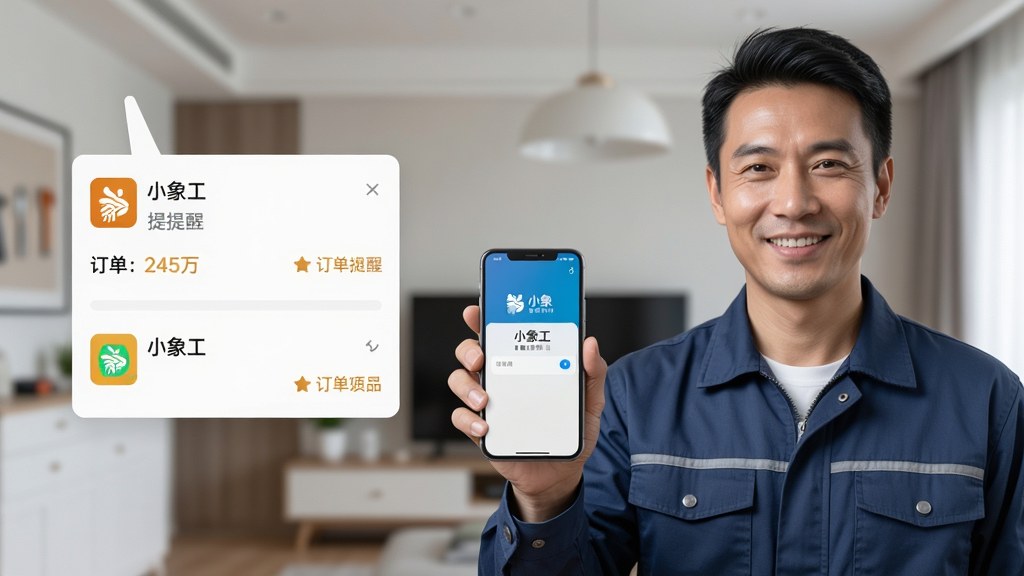 主体为一位身穿工装的安装师傅手持手机,手机屏幕弹出订单推送通知,布局为人物半身特写位于画面右侧,左侧留白处展示订单卡片信息,风格为写实商务摄影风,细节包含师傅面带微笑、背景为家居环境、屏幕显示“小象工”订单提醒,画质高清,干净,无多余元素