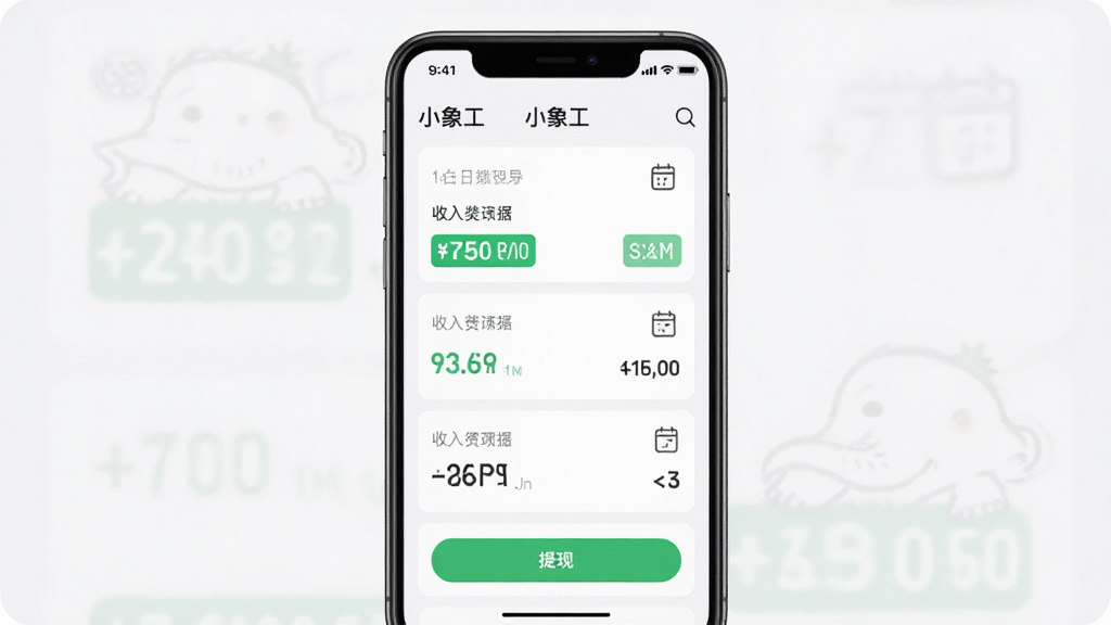 主体为手机屏幕展示小象工钱包收入明细列表,布局为手机界面截图占满画面中央,排版采用数据卡片式排列,风格为清爽极简UI风,细节包含收入数字绿色高亮、日历筛选图标、提现按钮,屏幕顶部显示“小象工”字样,画质高清,干净,无多余元素