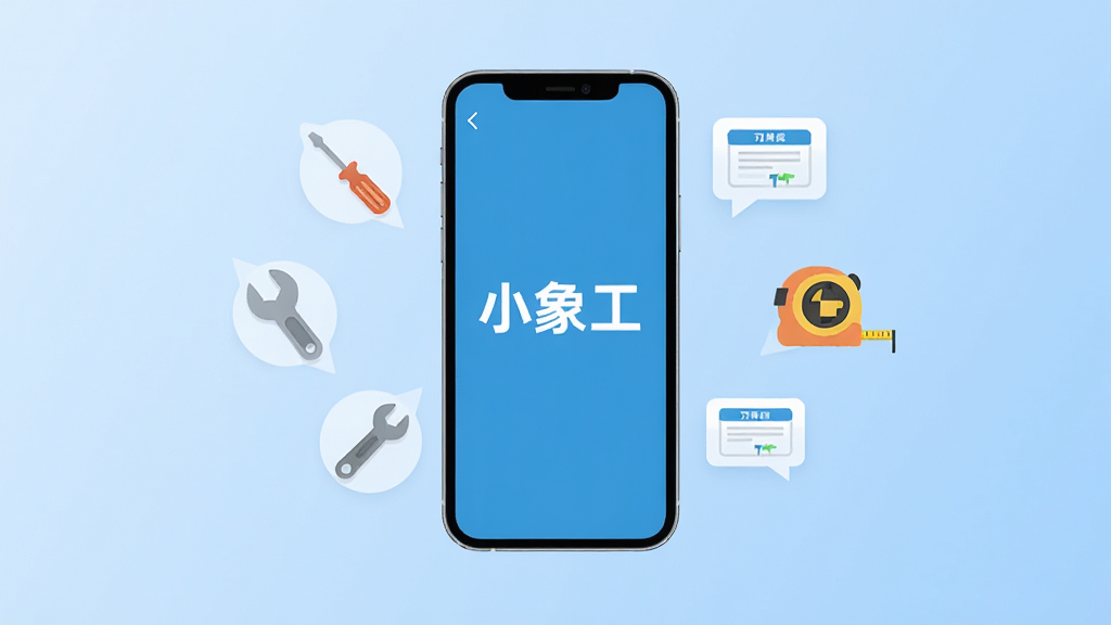 主体为一部智能手机屏幕显示小象工APP的接单大厅界面,布局为手机居中悬浮于浅蓝色渐变背景之上,排版采用居中构图,风格为现代扁平化科技风,细节包含手机周围漂浮着工具图标如螺丝刀、扳手、卷尺和订单气泡,屏幕内清晰显示“小象工”三个字,画质高清,干净,无多余元素