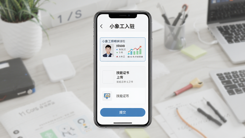 主体为手机屏幕展示小象工师傅入驻资料填写页面,布局为手机界面居中放置,排版采用表单式纵向排列,风格为清爽商务UI风,细节包含身份证上传框、技能证书上传框、提交按钮,屏幕顶部显示“小象工”入驻标题,画质高清,干净,无多余元素