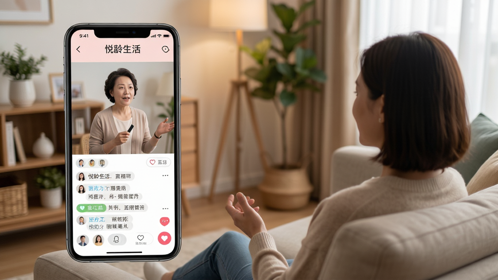 “悦龄生活”应用直播间界面展示,手机屏幕中呈现讲师授课画面与互动评论区,用户坐在沙发上观看,背景为温馨客厅,风格真实自然,画质干净,无多余元素