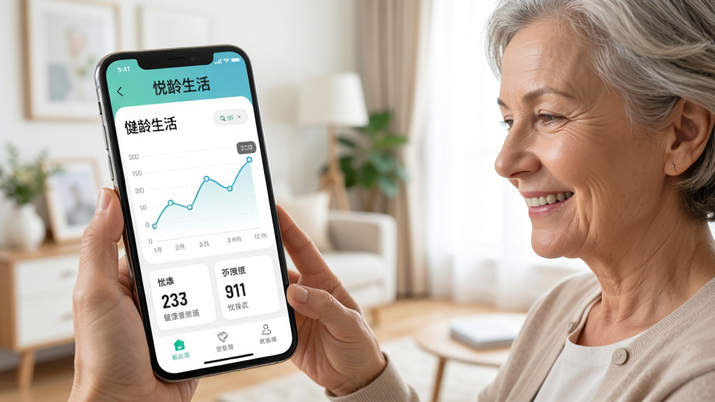手机屏幕中展示“悦龄生活”应用的健康数据图表页面,一位中老年用户正微笑查看手机,背景为明亮居家环境,界面清晰显示折线图与数据卡片,风格简洁现代,画质干净,无多余元素