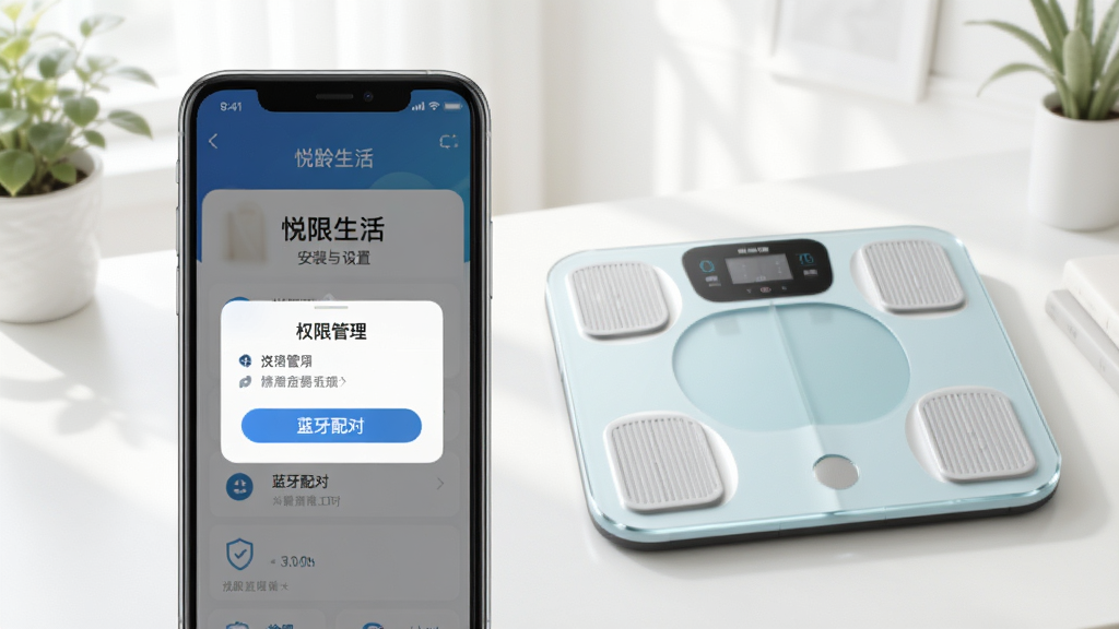 “悦龄生活”应用在手机上的安装与设置界面展示,画面包含权限管理弹窗与蓝牙配对提示,手机旁放置智能体脂秤,背景简洁明亮,风格写实清晰,画质干净,无多余元素