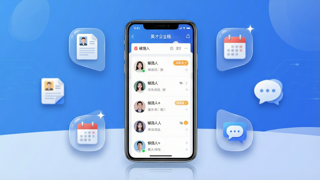 一张展示英才企业版App手机端主界面的产品宣传图,画面中央是一部竖屏智能手机,屏幕内显示英才企业版招聘管理界面,包含职位列表、候选人头像、消息提醒等元素,手机周围环绕简历图标、面试日历图标、沟通气泡图标,整体布局居中对称,风格为简洁商务科技风,细节包含蓝色渐变背景、柔和阴影、图标高光,画质高清,干净,无多余元素
