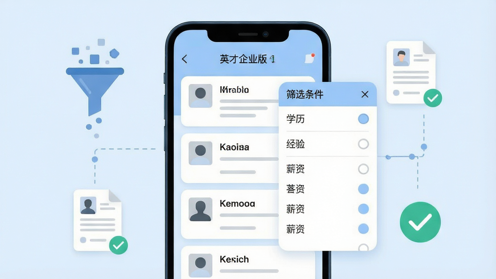 一张展示英才企业版简历筛选功能的界面示意图,画面主体为手机屏幕,屏幕内显示简历列表与筛选条件面板,包含学历、经验、薪资等选项,周围有筛选漏斗图标、简历文档图标、勾选标记,布局为手机居中、图标环绕,风格为清新扁平化商务风,细节包含浅蓝底色、圆角卡片、清晰文字标签,画质高清,干净,无多余元素