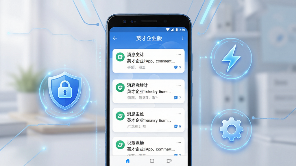 一张展示英才企业版App在手机上运行流畅的示意图,画面主体为一部安卓手机,屏幕内显示英才企业版消息推送界面,手机旁边有盾牌安全图标、闪电加速图标、齿轮设置图标,布局为手机居中、图标环绕,风格为科技安全风,细节包含蓝色光效、清晰界面文字、柔和背景,画质高清,干净,无多余元素