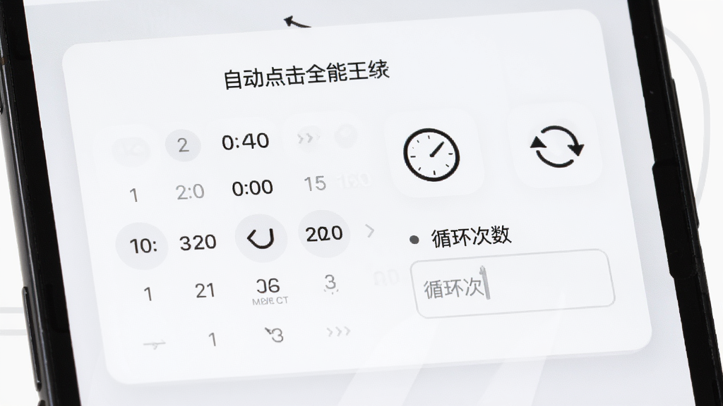 自动点击全能王的定时设置面板,手机屏幕上显示时间选择器和循环次数输入框,旁边有一个时钟图标和循环箭头图标,背景为白色卡片式设计,风格简约现代,细节清晰,画质高清,无多余元素