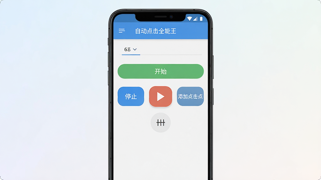 一张展示自动点击全能王软件主界面的手机预览图,画面中央是一部竖屏安卓手机,手机屏幕显示自动点击全能王的操作面板,面板上有“开始”“停止”“添加点击点”等按钮,背景是简洁的浅色渐变,整体风格干净清爽,细节清晰,画质高清,无多余元素