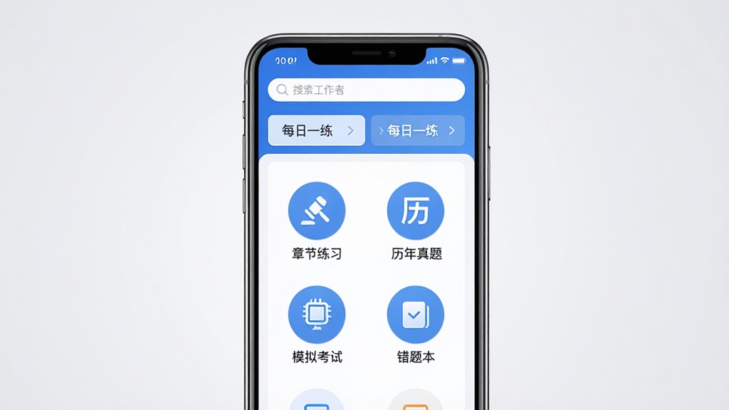 社区工作者题库帮软件主界面展示,画面中央是一部智能手机,屏幕显示蓝色调的学习APP首页,上方有搜索框和每日一练入口,中间排列着章节练习、历年真题、模拟考试、错题本四个圆形图标,背景为干净的浅灰渐变,风格简洁商务,细节清晰,画质1080P,干净无多余元素