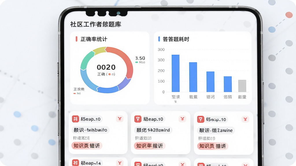 社区工作者题库帮错题分析页面,画面中央手机屏幕显示环形正确率统计图和柱状答题耗时图,下方列出错题卡片,每张卡片有红色标记和知识点标签,整体布局清晰,风格现代数据可视化,浅色背景,细节精致,画质高清