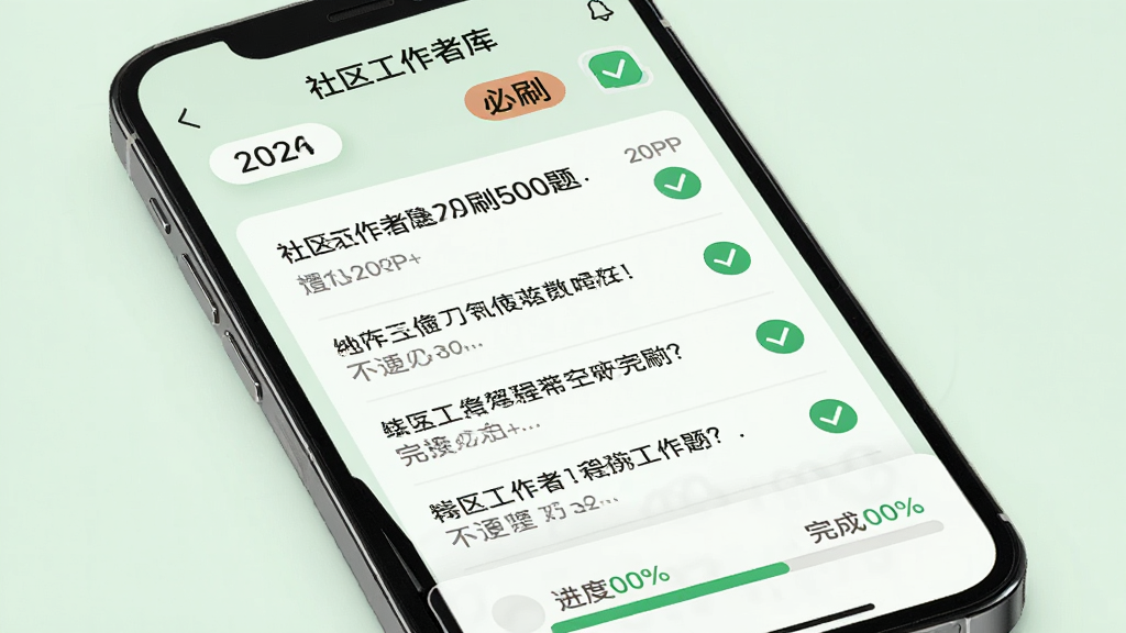 社区工作者题库帮2026必刷500题界面,画面展示手机屏幕内题目列表,顶部有年份标签和必刷标签,每道题右侧有完成勾选标记,底部有进度条显示已完成百分比,背景浅绿护眼色,风格清爽学习风,细节清晰,画质1080P,干净整洁