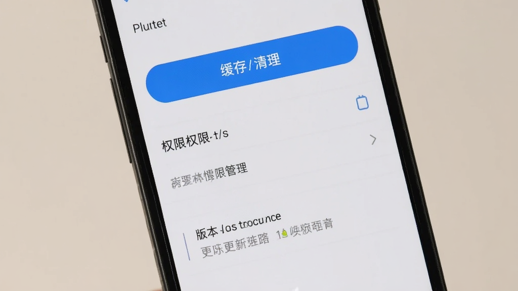 手机屏幕显示应用设置页面,页面中包含缓存清理按钮、权限管理选项与版本更新提示。界面为浅色主题,按钮为蓝色高亮。背景为纯色。风格为UI细节展示,构图简洁,画质清晰,无多余元素。