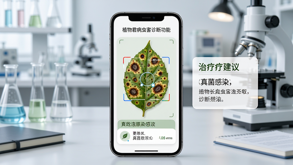 植物君病虫害诊断功能,画面中手机屏幕显示一片有斑点的叶子被识别为真菌感染,旁边有治疗建议文字,背景是实验室或书桌环境,主体是手机和叶片,布局中心突出,排版工整,风格专业严谨,细节包括病斑纹理和诊断结果卡片,画质高清,干净,无多余元素