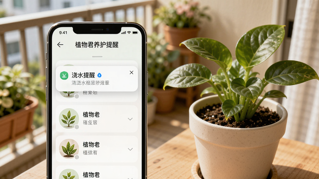 植物君养护提醒界面,画面展示手机屏幕上的浇水提醒通知和植物列表,背景是温馨的家居阳台场景,主体是手机和旁边的盆栽,布局左侧手机右侧植物,排版清晰,风格生活化,细节包括通知弹窗和绿色植物叶片,画质高清,干净,无多余元素
