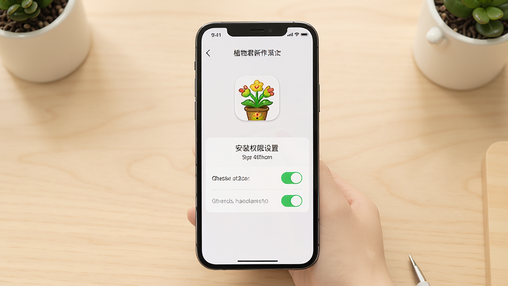 植物君新手操作示意图,画面展示手机屏幕上的安装权限设置界面和植物君图标,背景是简洁的桌面,主体是手机和设置选项,布局中心对齐,排版干净,风格教程类,细节包括开关按钮和提示文字,画质高清,干净,无多余元素