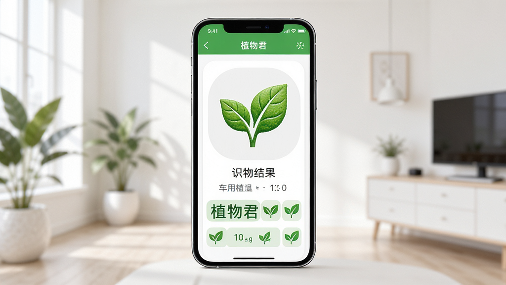 植物君应用主界面,画面中央是一部智能手机,屏幕上显示着植物君App的识别结果页面,背景是干净明亮的室内环境,主体突出,布局居中,排版简洁,风格现代科技感,细节包括绿色植物叶片图标和清晰的文字信息,画质高清,干净,无多余元素