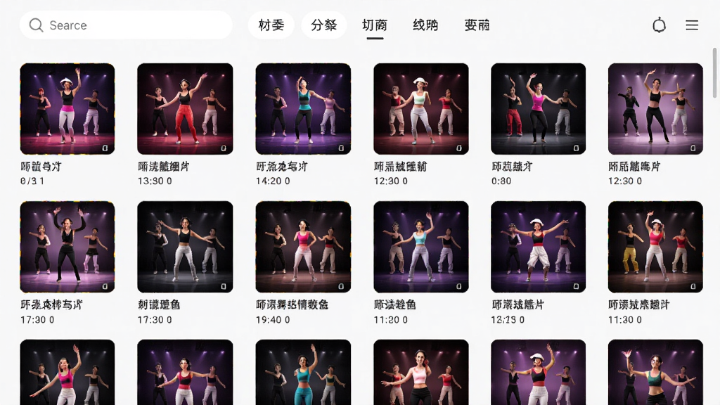 广场舞免费多应用界面截图,画面中展示一个丰富的舞曲列表,列表中有不同风格的广场舞封面图,封面图上有舞曲名称和时长,界面顶部有搜索框和分类标签,背景为浅色系,整体布局清晰,风格简洁大方,画质高清,细节丰富,无多余元素