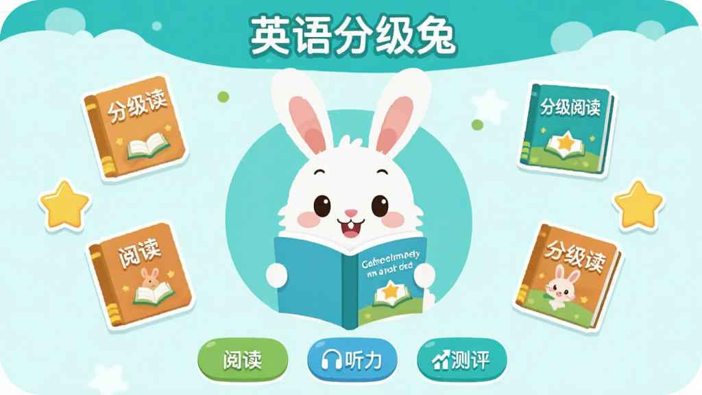 英语分级兔APP主界面展示,中心是一只可爱的卡通兔子抱着英文绘本,周围环绕着分级阅读书籍和星星奖励图标,界面采用清新明亮的蓝绿色调,顶部显示“英语分级兔”字样,底部有阅读、听力、测评等功能按钮,扁平化UI设计风格,画质清晰干净,无多余元素
