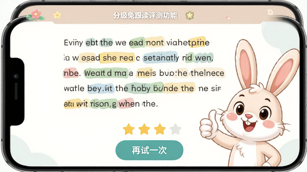 英语分级兔跟读评测功能界面,手机屏幕显示一段英文绘本文字,其中几个单词被高亮标注为发音不准确,下方有星级评分和“再试一次”按钮,旁边有卡通兔子竖起大拇指的鼓励形象,界面配色清新柔和,画质清晰