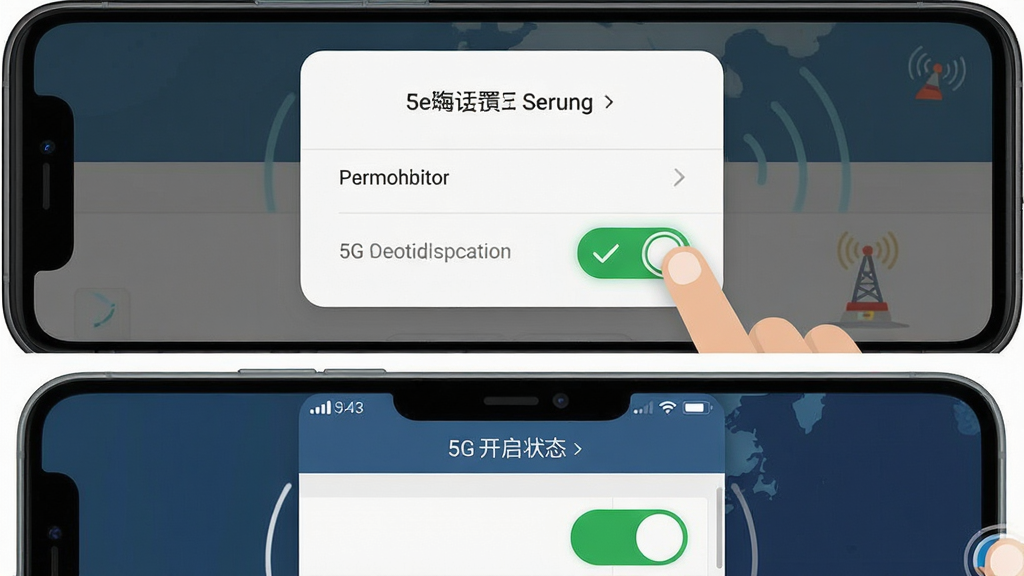 5G卫星实况导航新手操作示意图,主体为手机屏幕显示权限设置与定位开关界面,布局为上下结构,上方展示权限弹窗,下方展示定位开启状态,排版清晰,风格为扁平化教学图示,细节包含手指点击位置、绿色对勾图标、权限选项文字,画质高清,画面干净,无多余元素