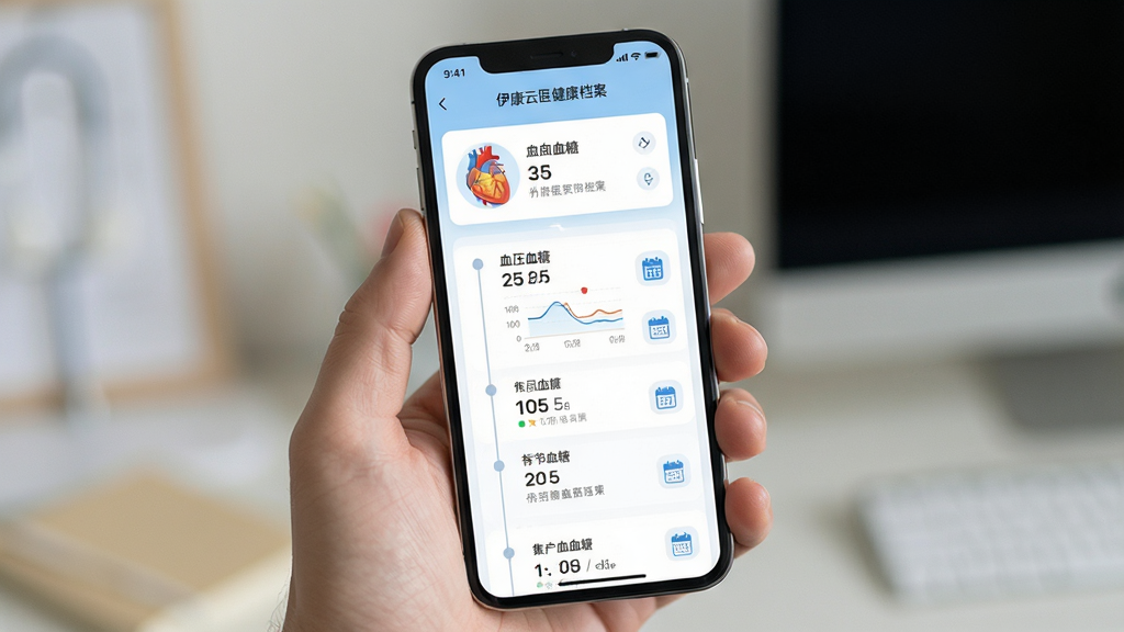 主体为手机屏幕展示伊康云医健康档案页面,布局为上方个人信息卡片下方时间轴记录列表,排版纵向延伸,风格为清爽浅色系,细节包括血压血糖数据图表与日历图标,画质细腻,干净,无多余元素