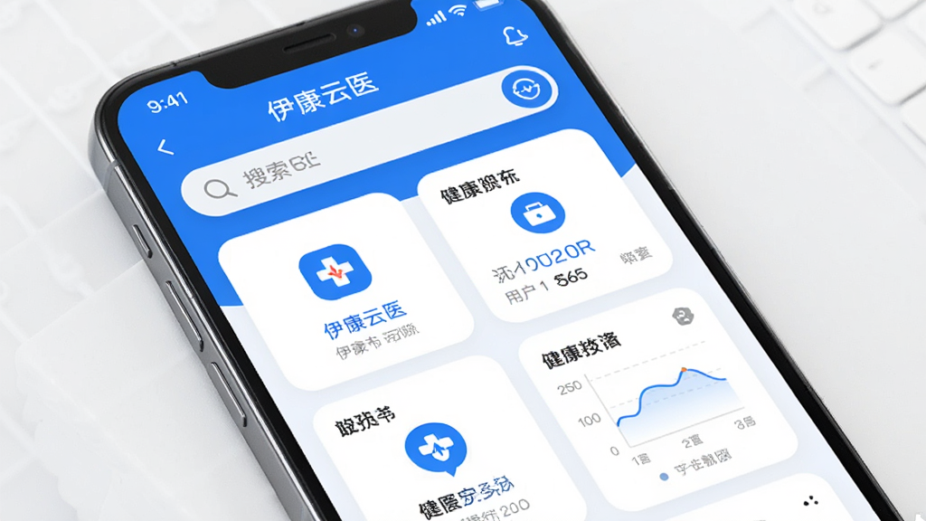 主体为一部智能手机,屏幕上显示伊康云医应用主界面,布局为上方搜索栏与下方功能卡片网格,排版简洁清晰,风格为现代医疗科技风,细节包括蓝白配色图标与健康数据图表,画质高清,干净,无多余元素